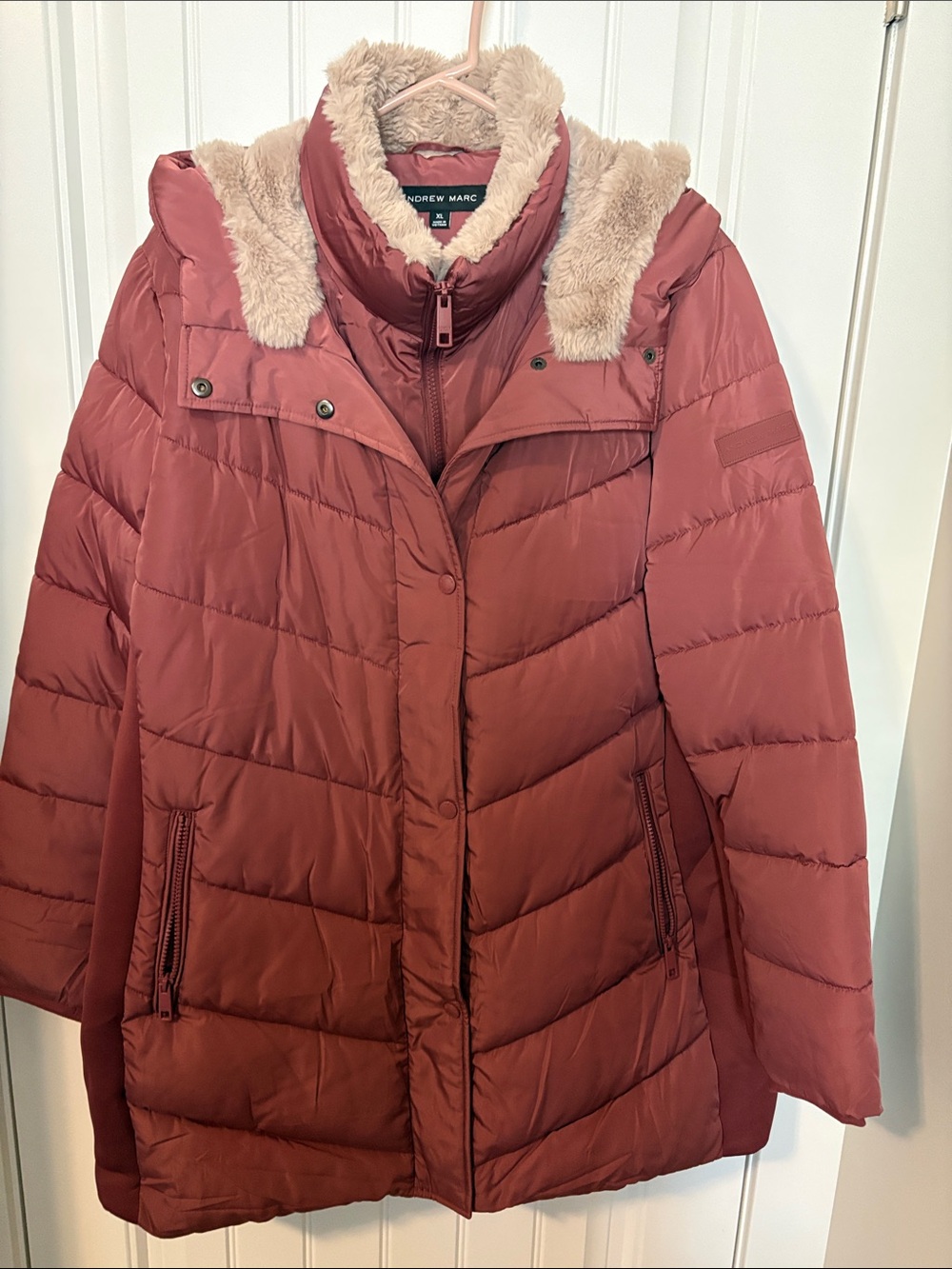 Andrew Marc Women’s XL Puffer Coat Faux Fur Hood Long Winter Jacket Mauve